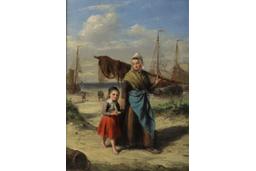 Vissersvrouw met dochtertje op het strand