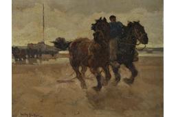 Visser met twee paarden op het strand